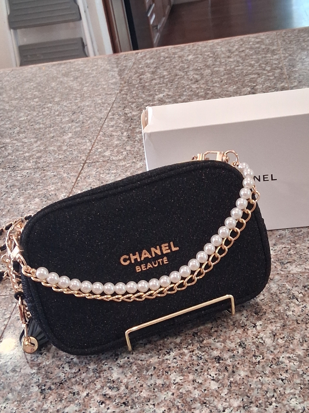 Chanel GWP Black Pearl-Trim Crossbody Bag With Extra Accessories.